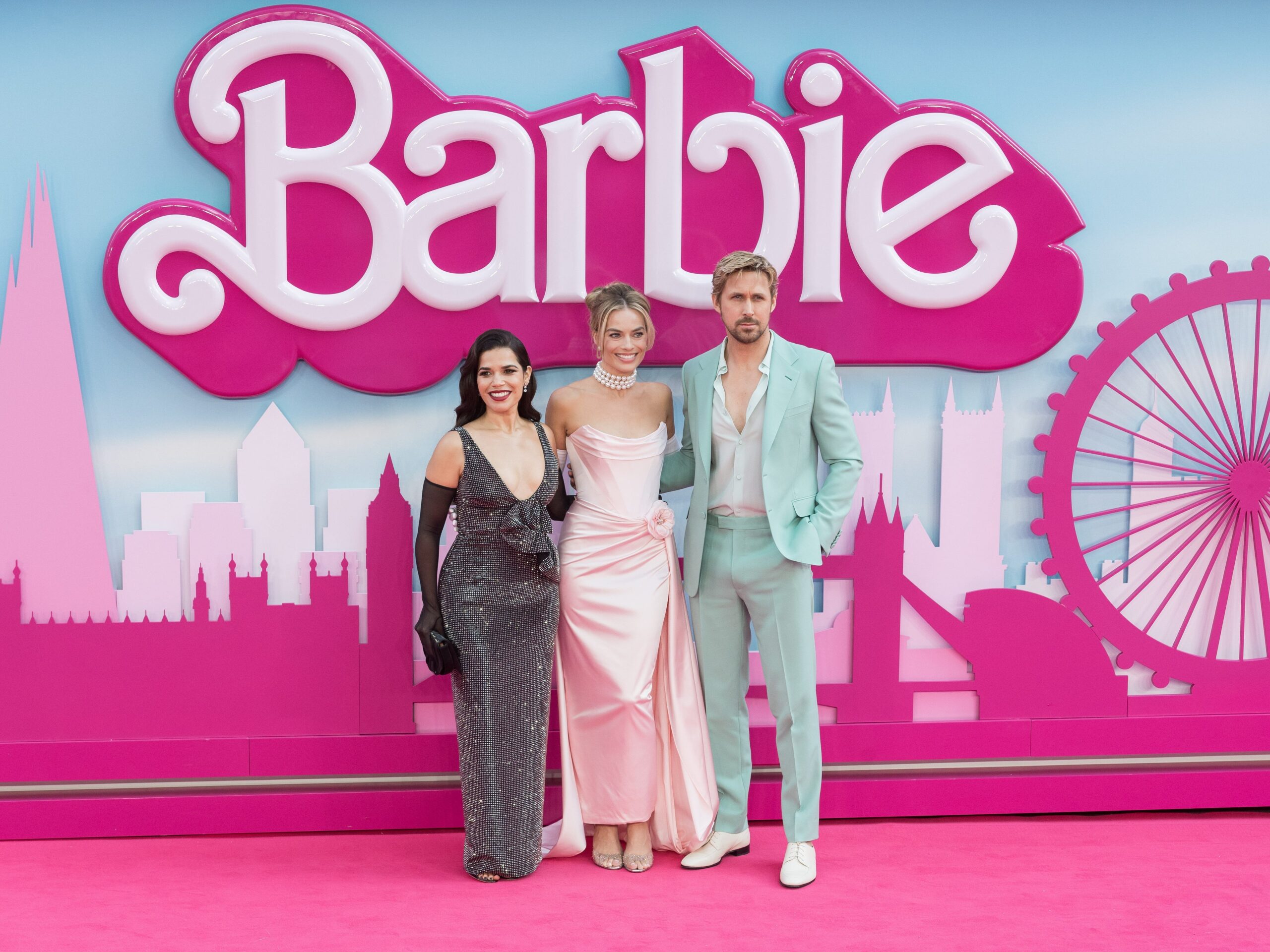 America Ferrera, Margot Robbie, and Ryan Gosling attend the European premiere of "Barbie" in London.