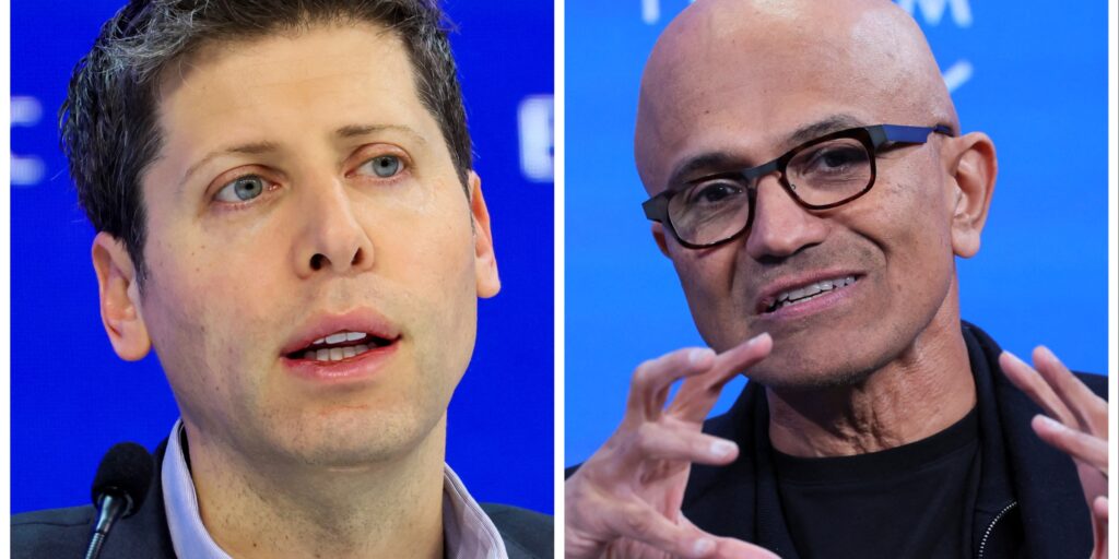 Topmannen Sam Altman van OpenAI (links) en Satya Nadella van Microsoft.