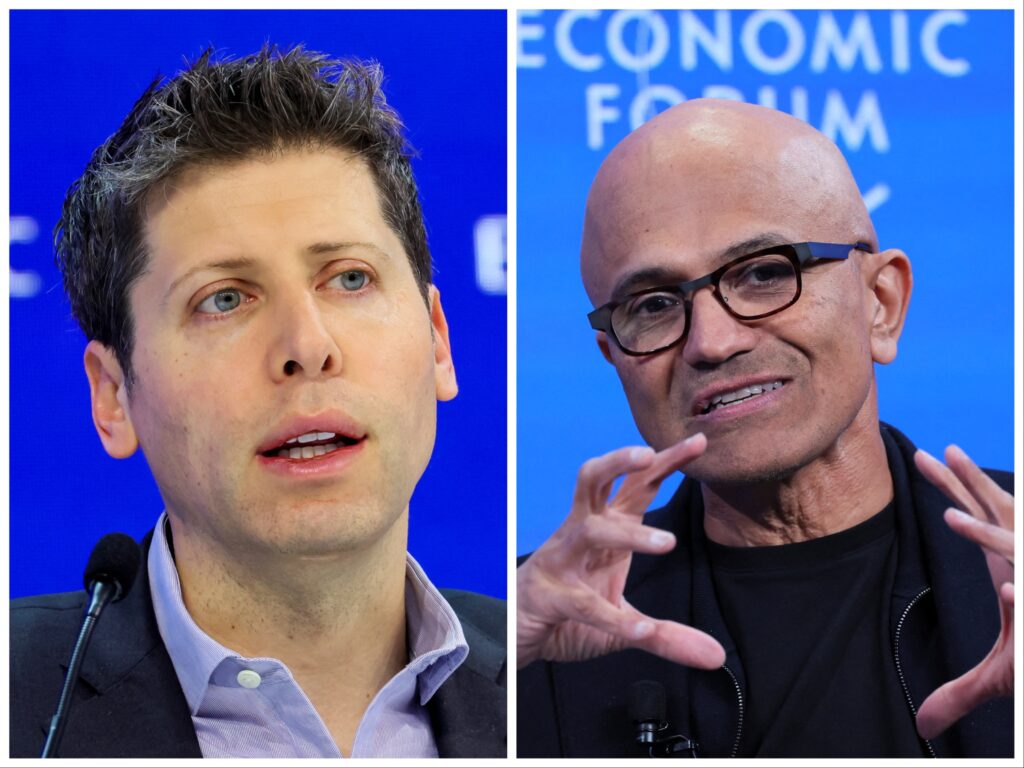 Topmannen Sam Altman van OpenAI (links) en Satya Nadella van Microsoft.