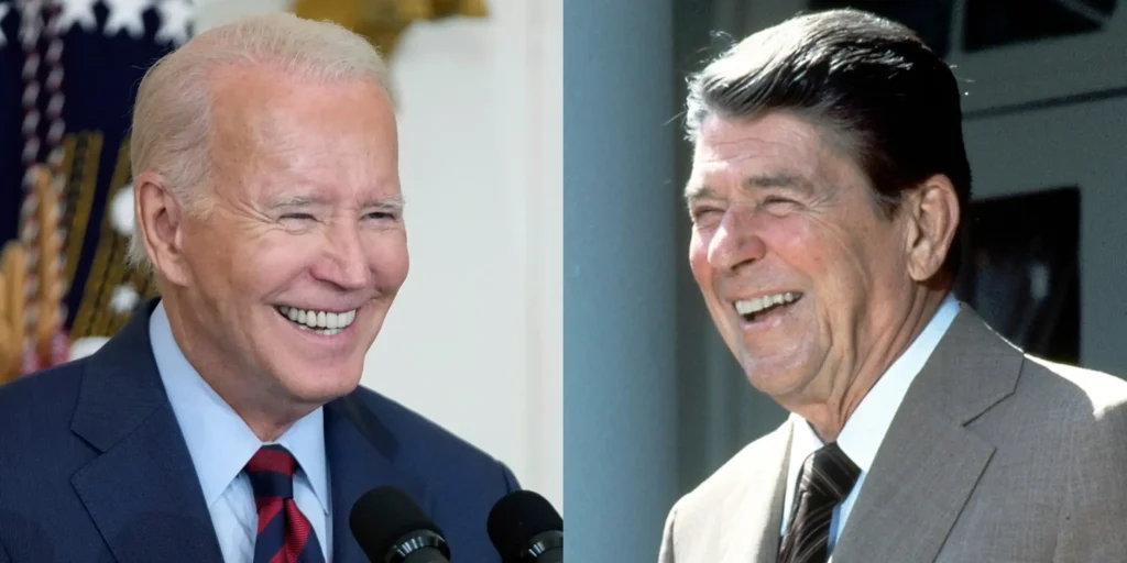 President Joe Biden (links) en voormalig president Ronald Reagan.