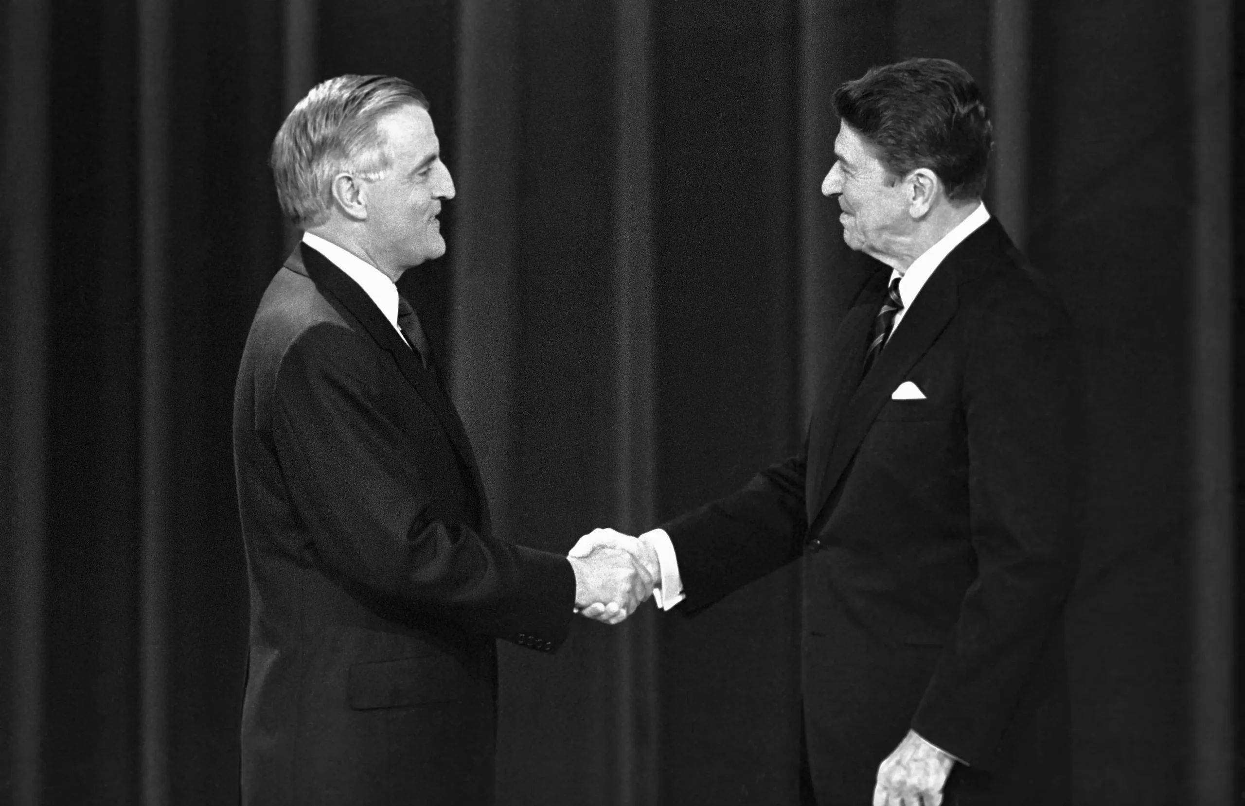 President Ronald Reagan, right, and former Vice President Walter Mondale greet each other before their first debate in 1984.