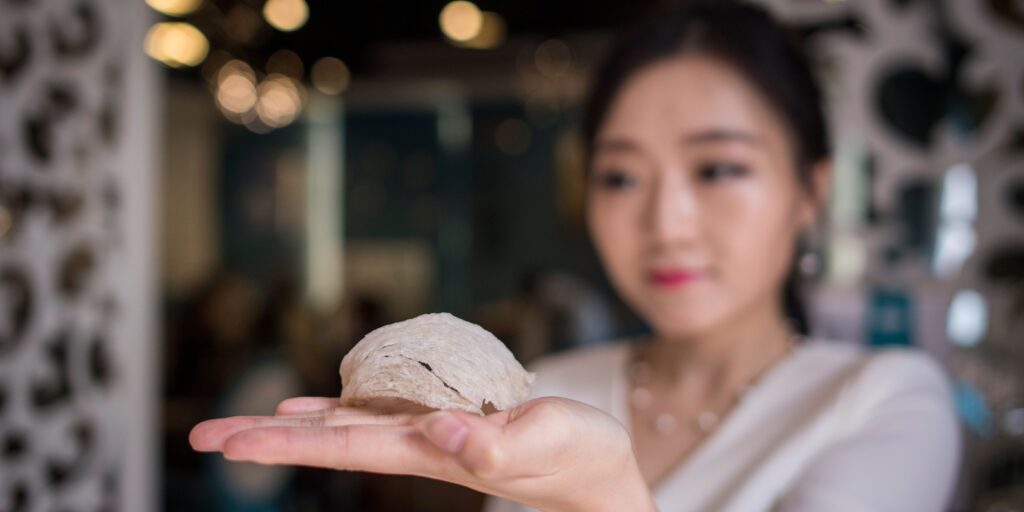 Eigenaresse Elaine Zhang van restaurant NestCha presenteert een gedroogd vogelnestje, gemaakt van gierzwaluwspeeksel.