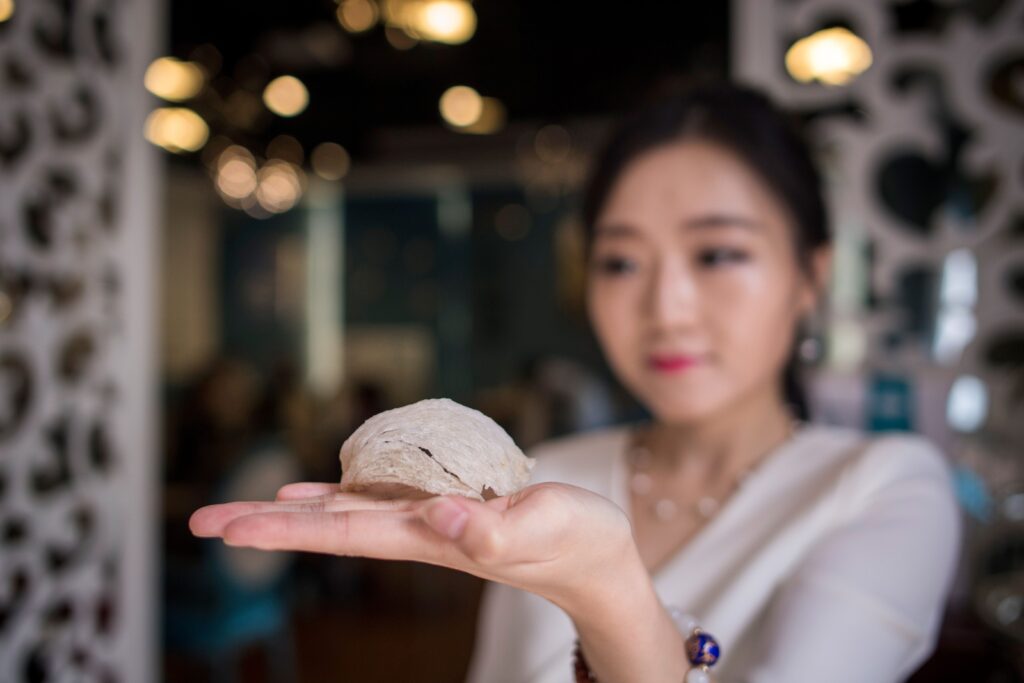 Eigenaresse Elaine Zhang van restaurant NestCha presenteert een gedroogd vogelnestje, gemaakt van gierzwaluwspeeksel.