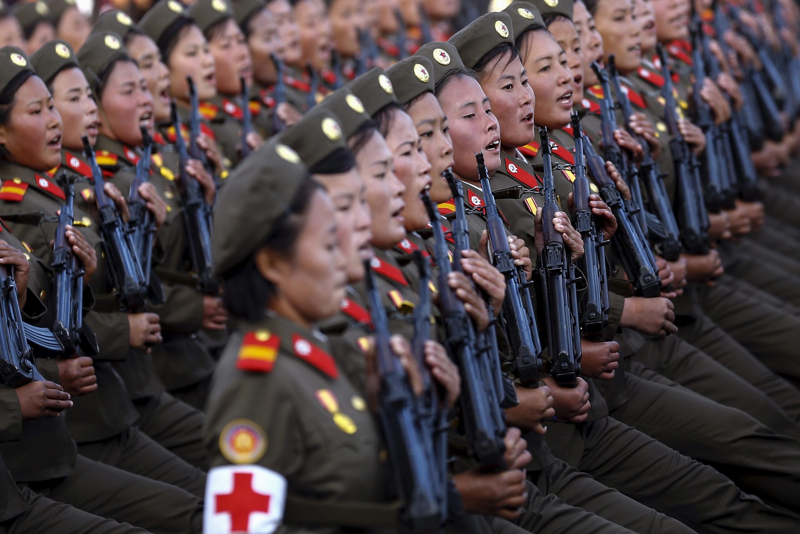North Korean military soldiers assembled at an official event.
