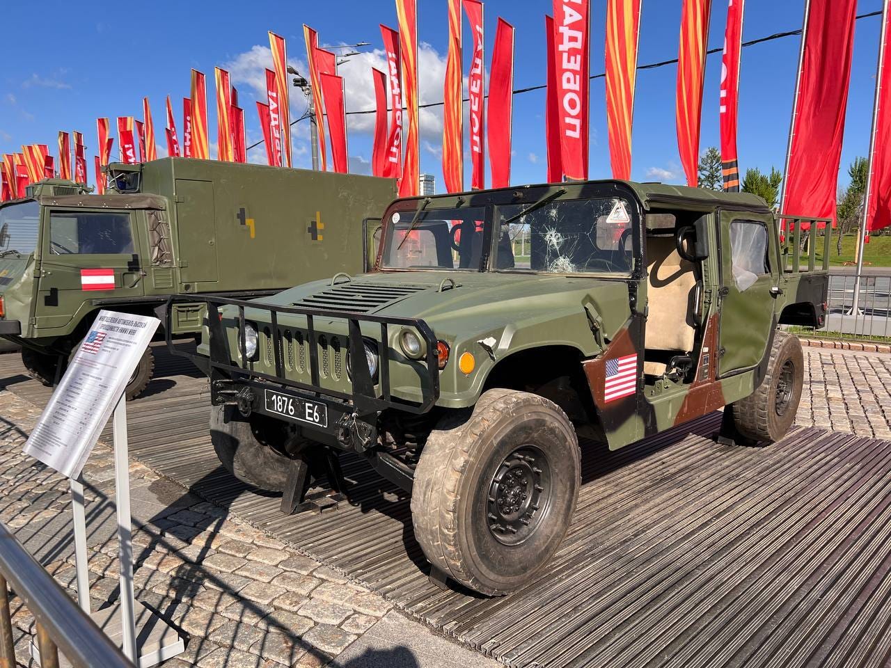 A Humvee with a cracked windshield on display in Moscow.