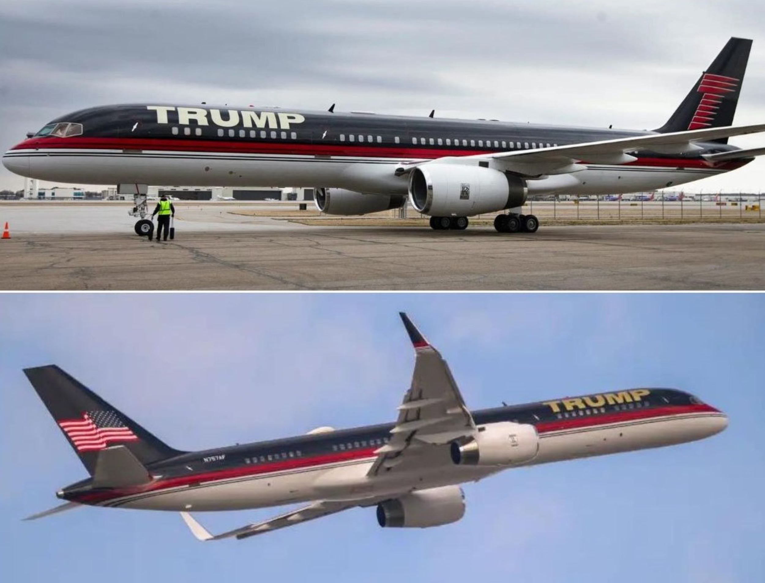 De oude en nieuwe beschildering van Trumps Boeing 757 privéjet.