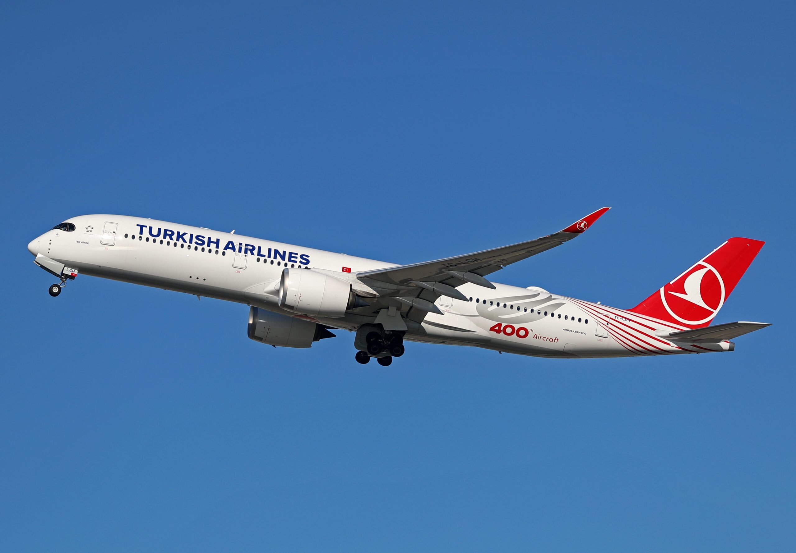 Turkish Airlines' 400th aircraft, an Airbus A350-941, is taking off from Barcelona Airport in Barcelona, Spain, on November 23, 2023.