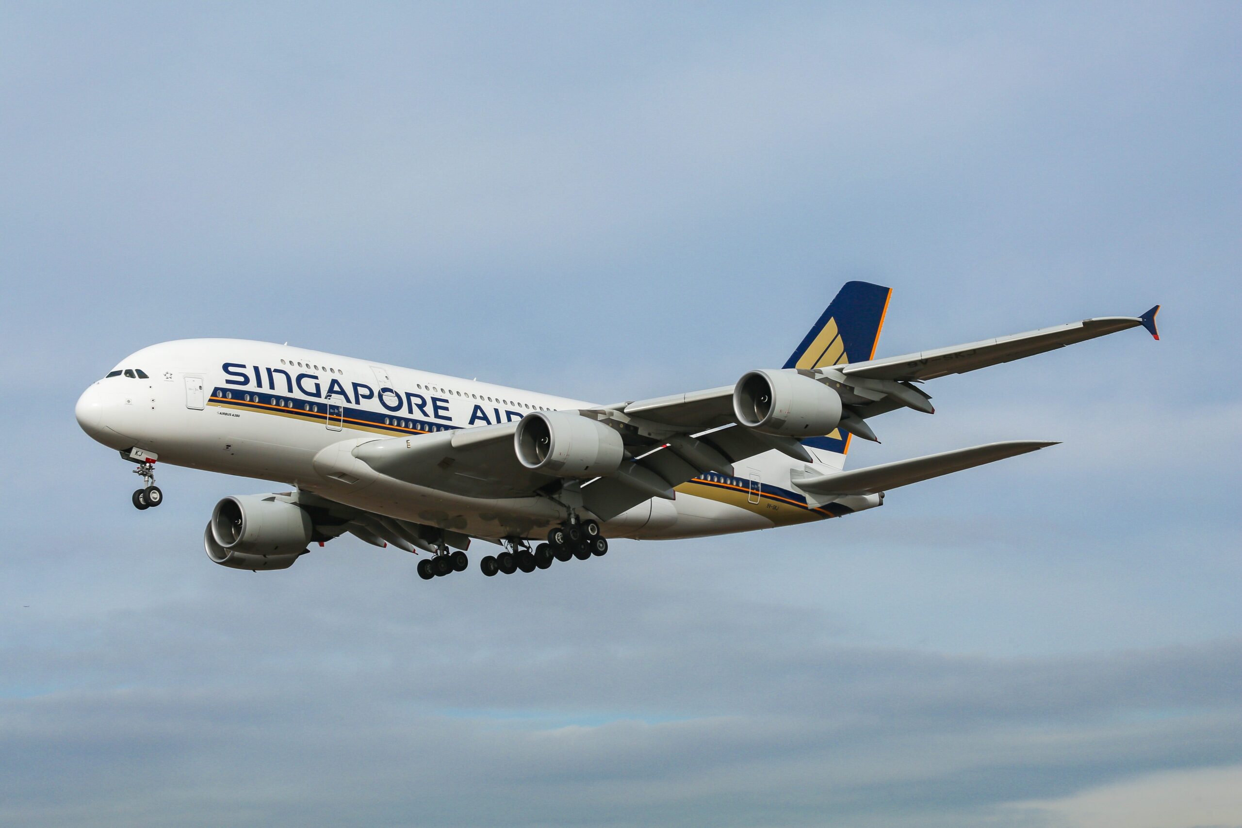 Singapore Airlines Airbus A380, specifically A380-841 aircraft as seen on final approach landing at New York JFK, John F. Kennedy International Airport on 14 November 2019