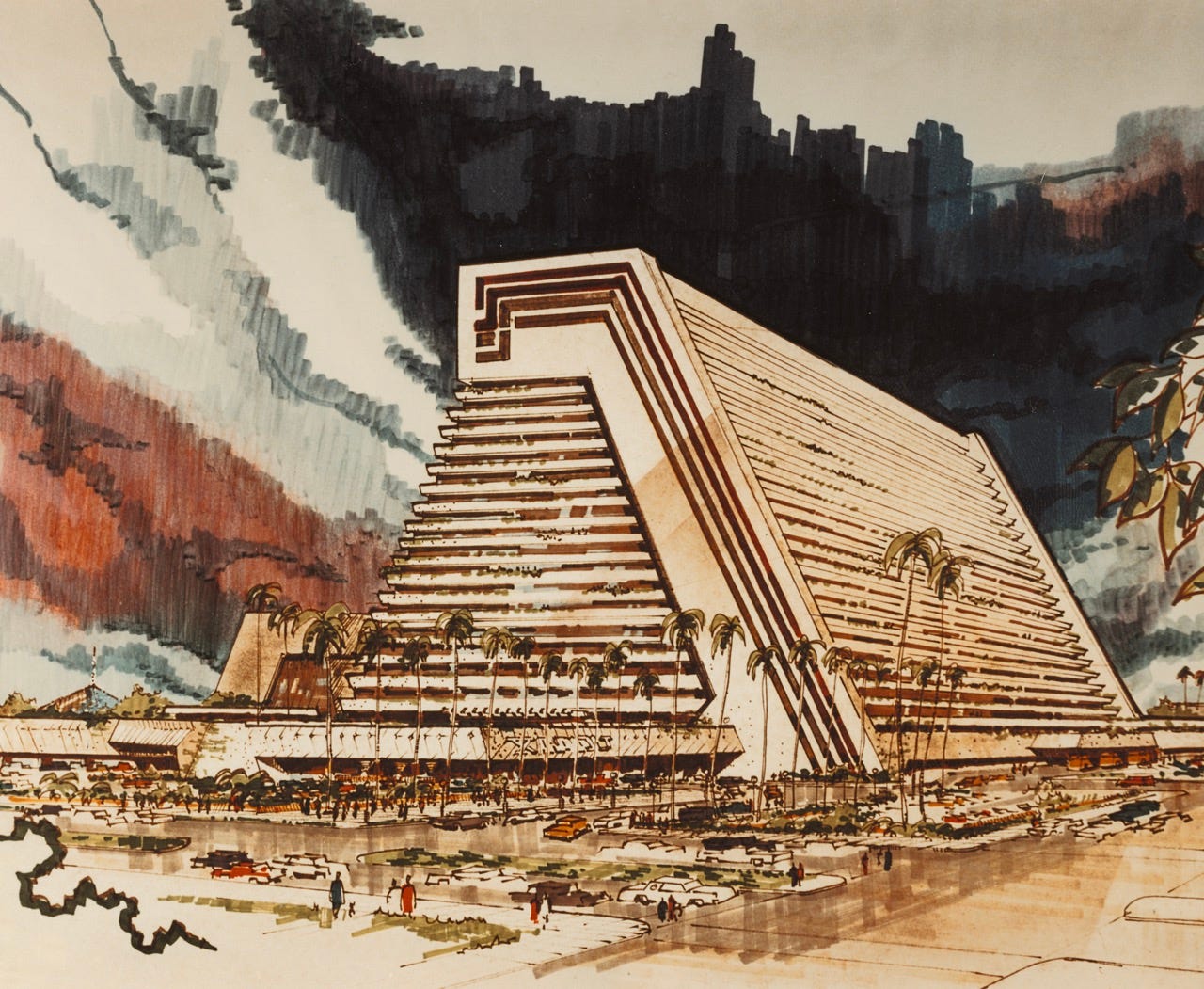 Sketch of the proposed pyramid-shaped Xanadu hotel on the Las Vegas strip