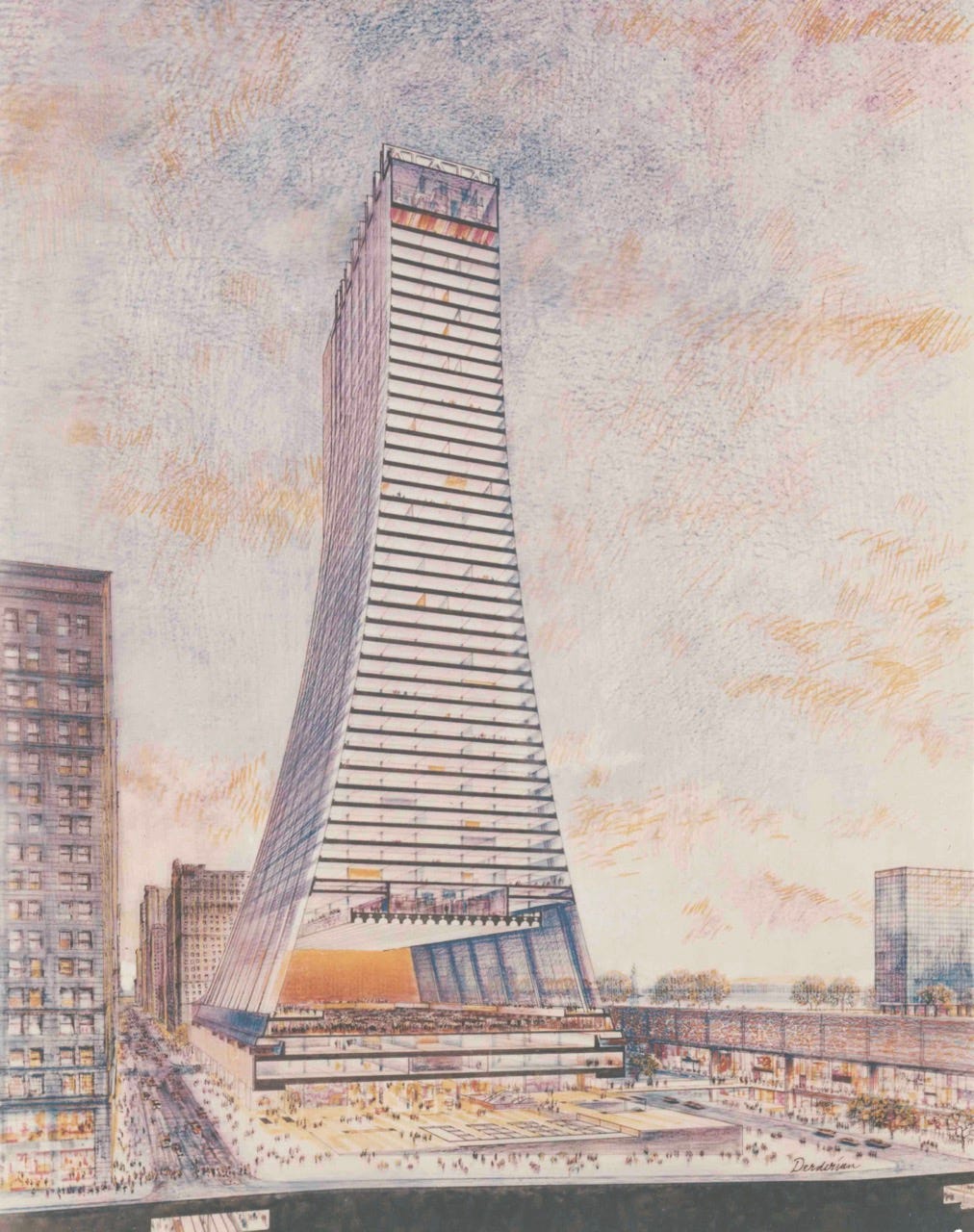 Sketch of proposed Finance Place design with a towering white triangle shape and a massive floor-through open air market on the ground