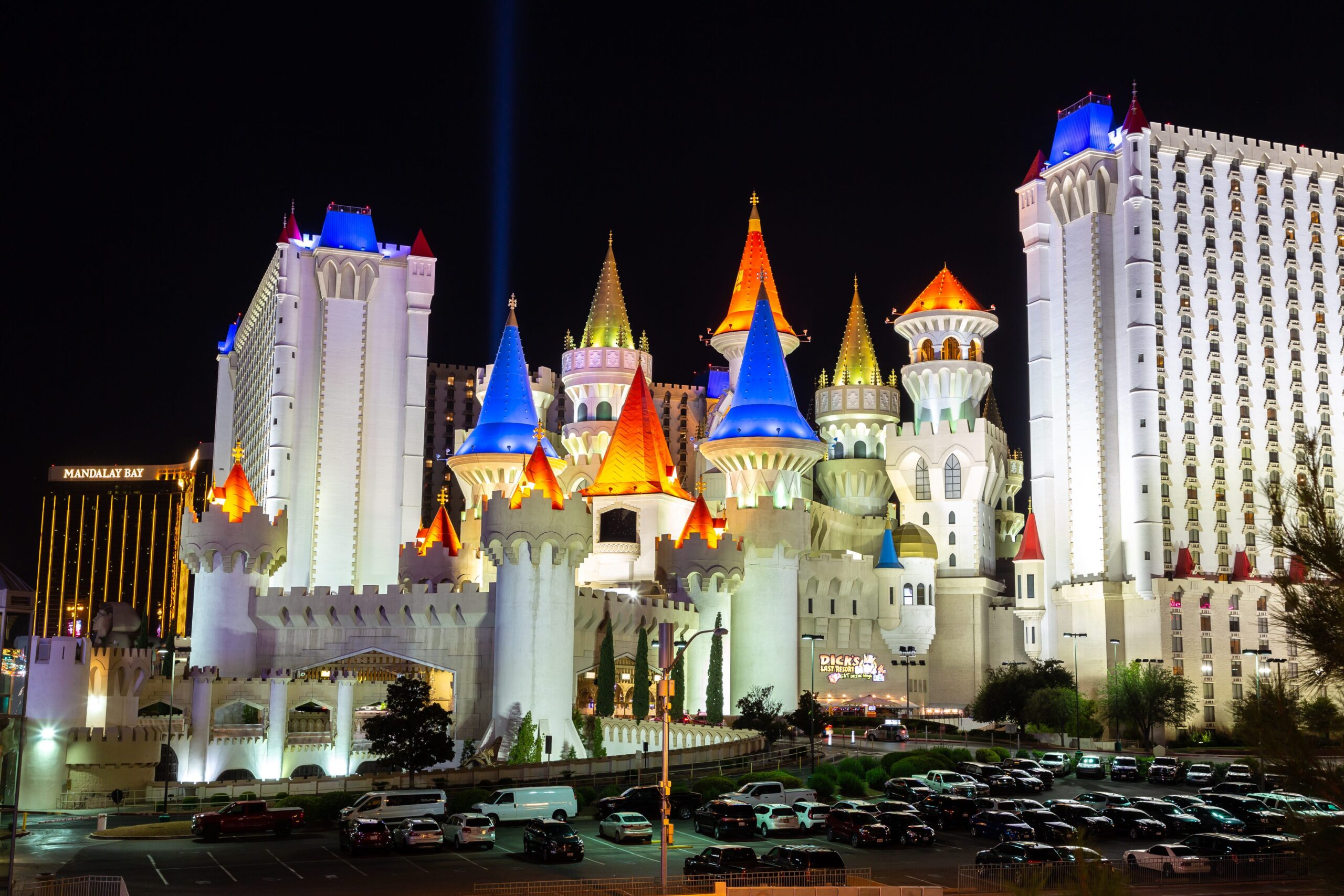 Nighttime view of the Excalibur hotel, Las Vegas