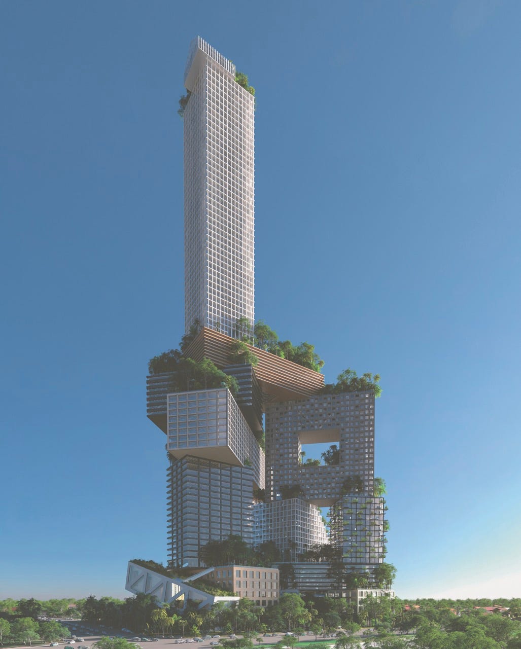 Illustration of 88 Perui with gleaming white towers and floating gardens adorning the skyscraper