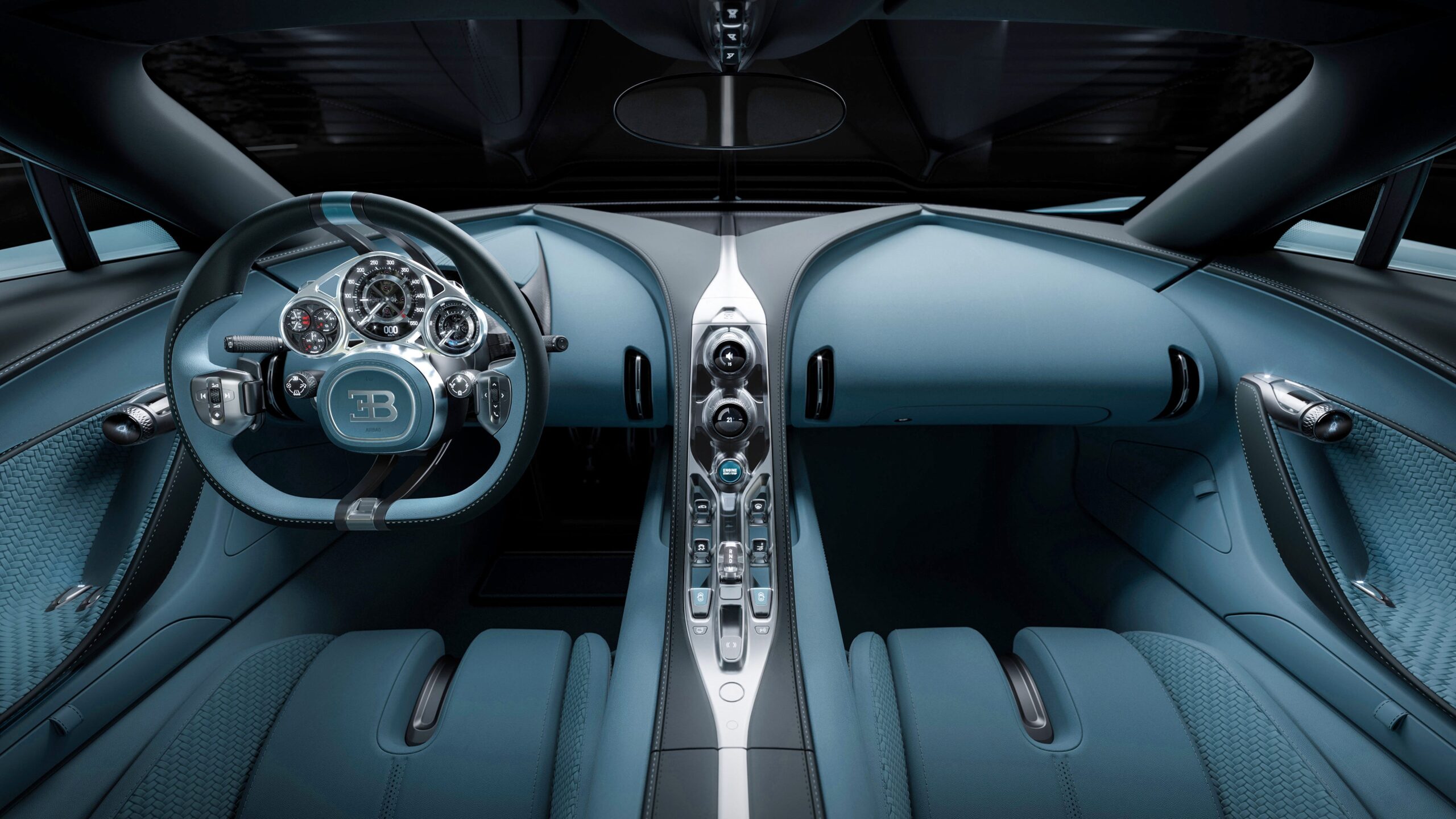 Blauw leer in het interieur van de Bugatti Tourbillon hypercar.