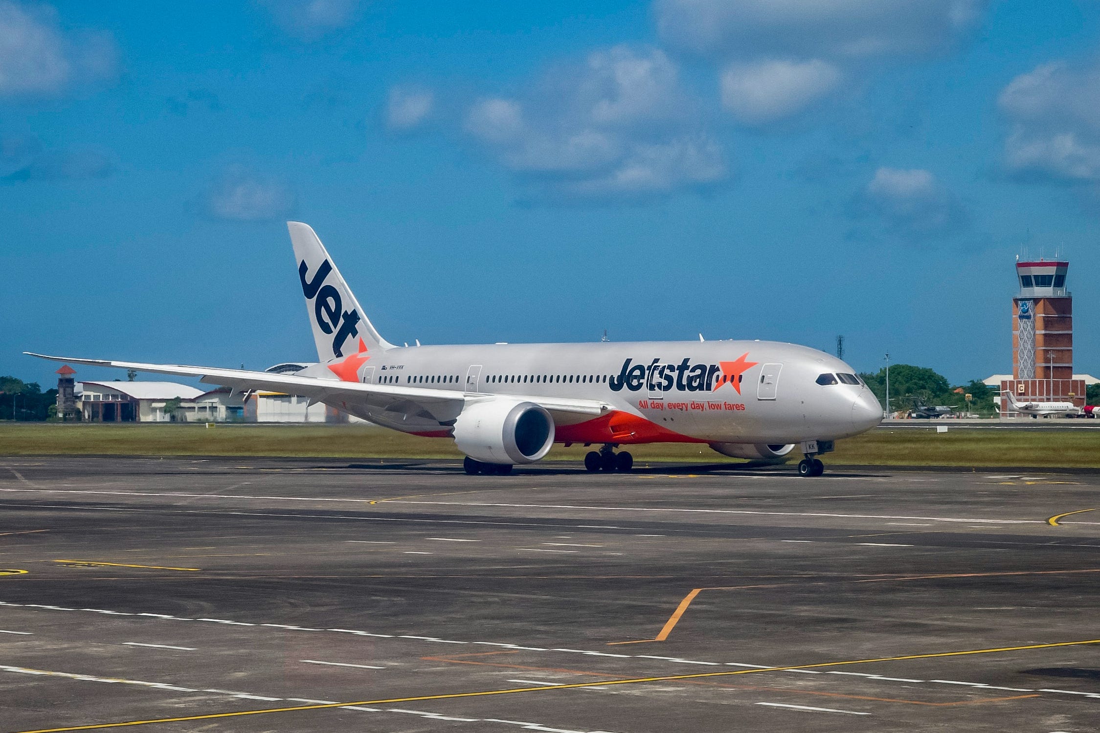 A Jetstar passenger plane prepares for take-off at the I Gusti Ngurah Rai International Airport in Denpasar on Indonesia's resort island of Bali on May 13, 2023.