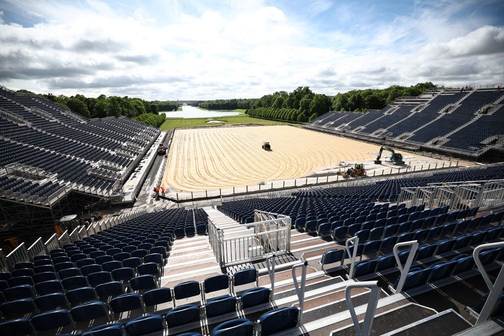 A stadium at the Parc du Chateau de Versailles in Versailles that will host equestrian events for the 2024 Olympics.