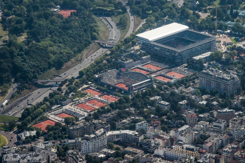 An aerial view of the Rolland Garros tennis complex in Paris.