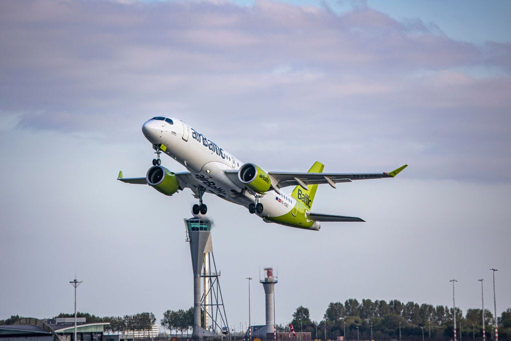 Air Baltic Airbus A220-300 seen departing from Amsterdam Schiphol Airport.