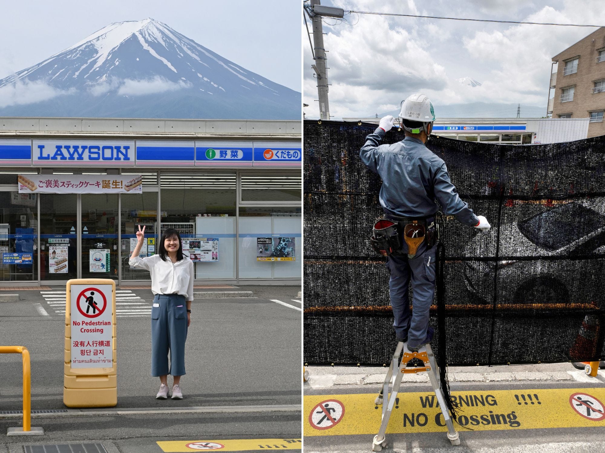 Left: A person poses for photographs with Mount Fuji in front of a convenience store Right: A worker installs a barrier to block the sight of Japan's Mount Fuji emerging from behind a convenience store