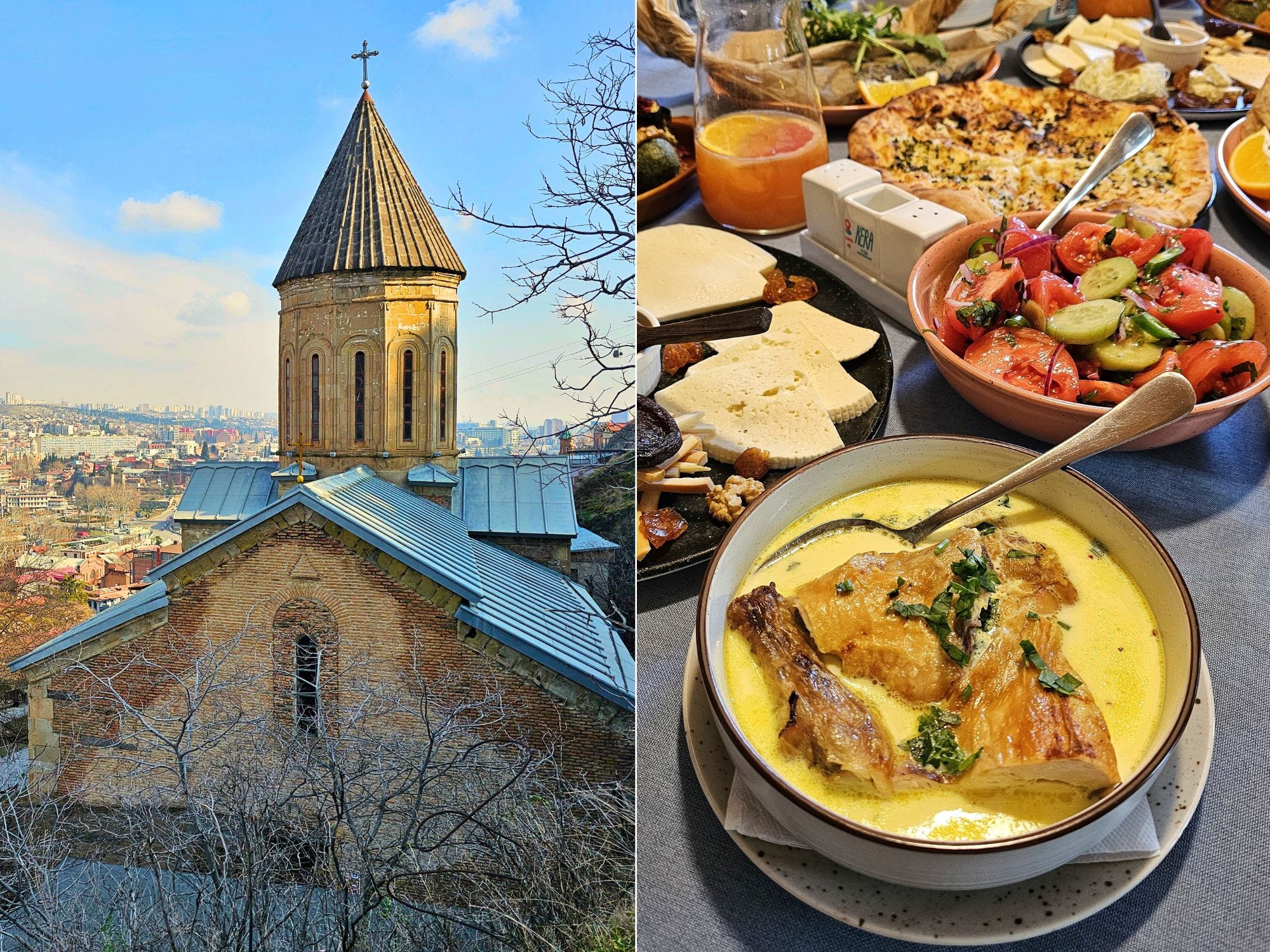 Twee afbeeldingen. Links: Een kerk met een stad op de achtergrond en kale boomtakken op de voorgrond. Rechts: Verschillende kommen met bloed op een tafel