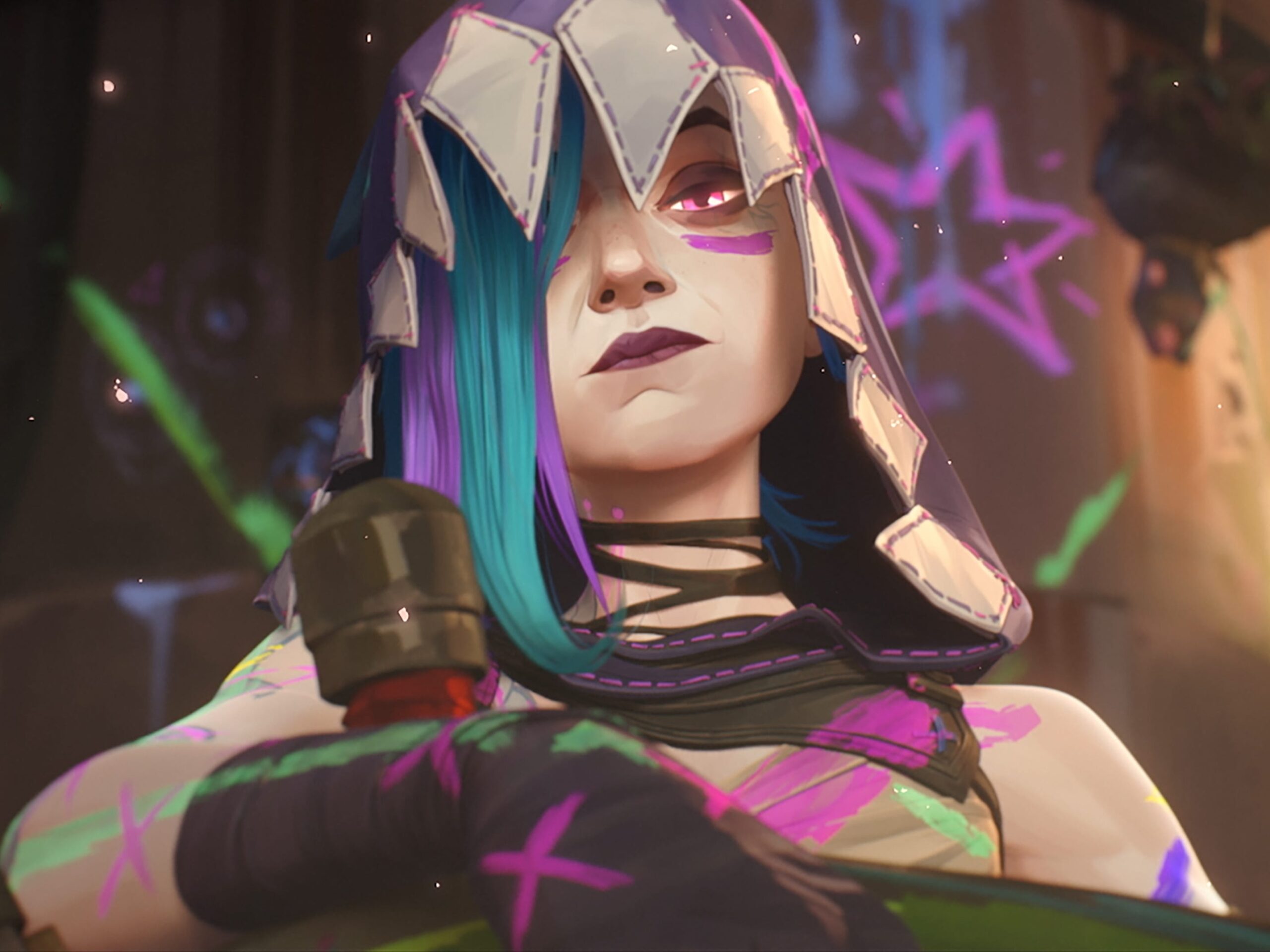 jinx in season two of arcane, her hair colored blue and purple and with colorful graffiti behind her. she has on a purple hood with white markings reminiscent of teeth