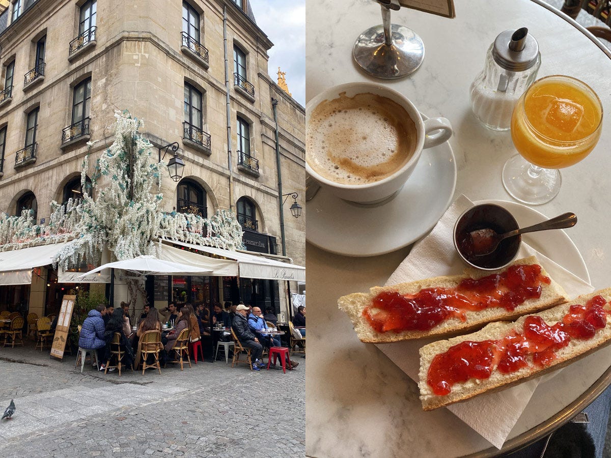 outside of paris café on left, bread with coffee and juice on right