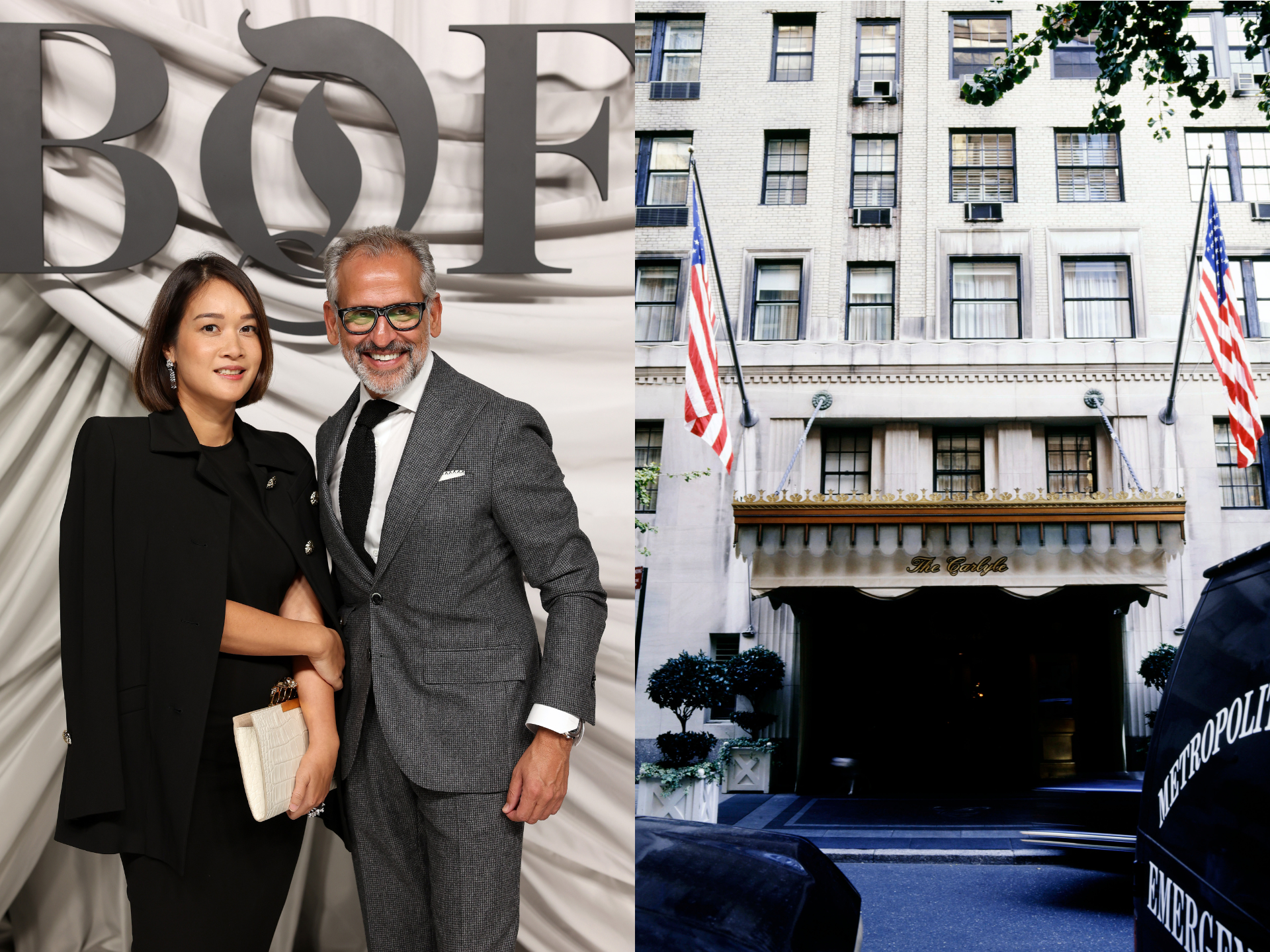 A composite image of Sonia Cheng posing for a photo with a man with the Business of Fashion logo behind them and the exterior of the Carlyle hotel.