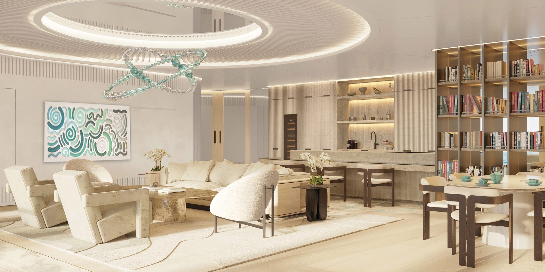 rendering of a living room on Ulyssia Residences' ship