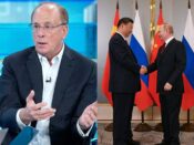 BlackRock-baas Larry Fink (links) en presidenten Xi Jinping en Vladimir Poetin.