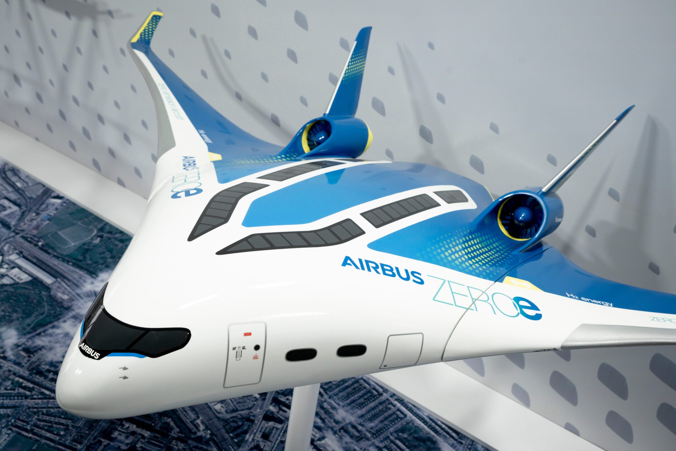 A scaled model of an Airbus Blended-Wing Body (BWB) zero emission concept aircraft, on display at the Farnborough Airshow, on 22nd July 2022, at Farnborough, England.