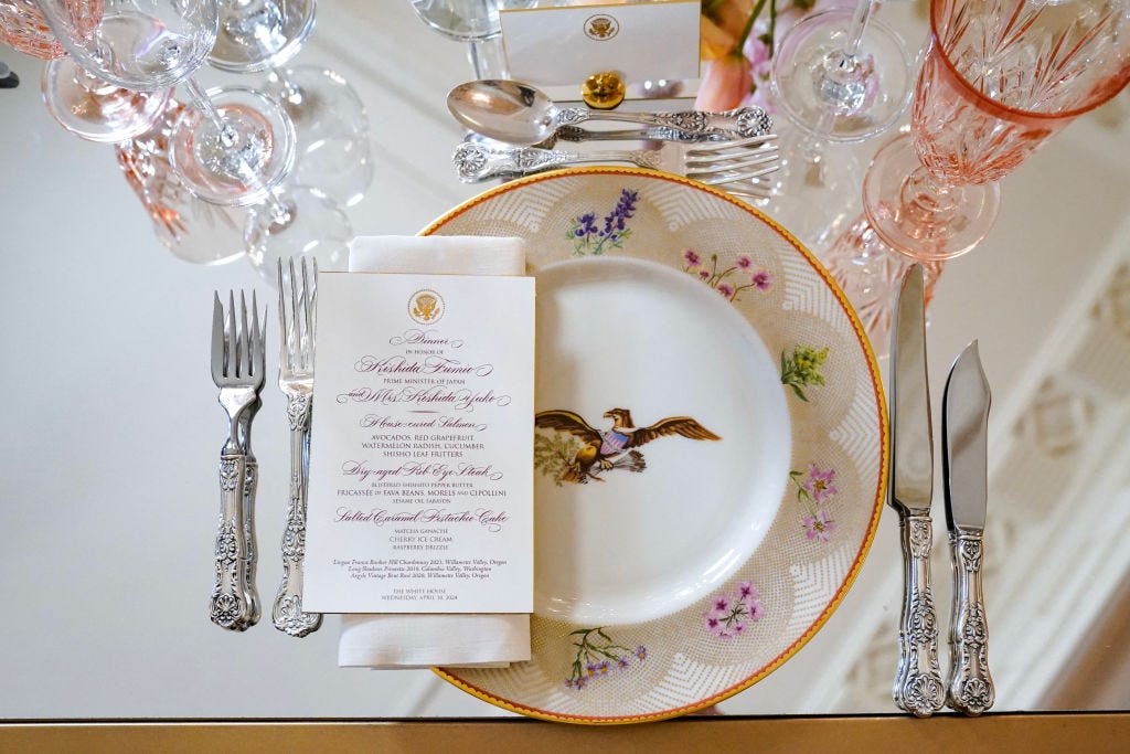 Place settings for the White House state dinner for Japan