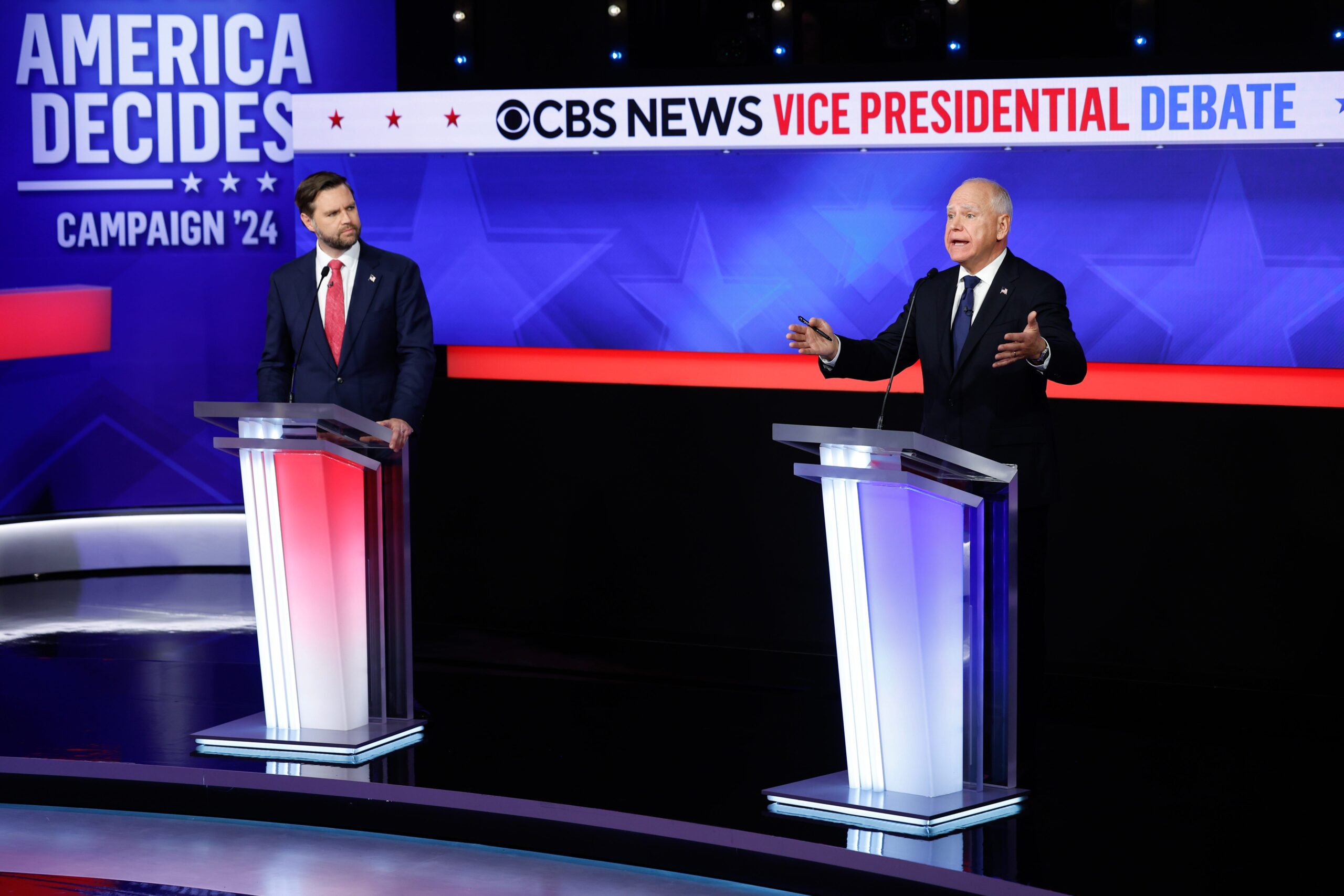 JD Vance and Tim Walz on the vice-presidential debate stage.