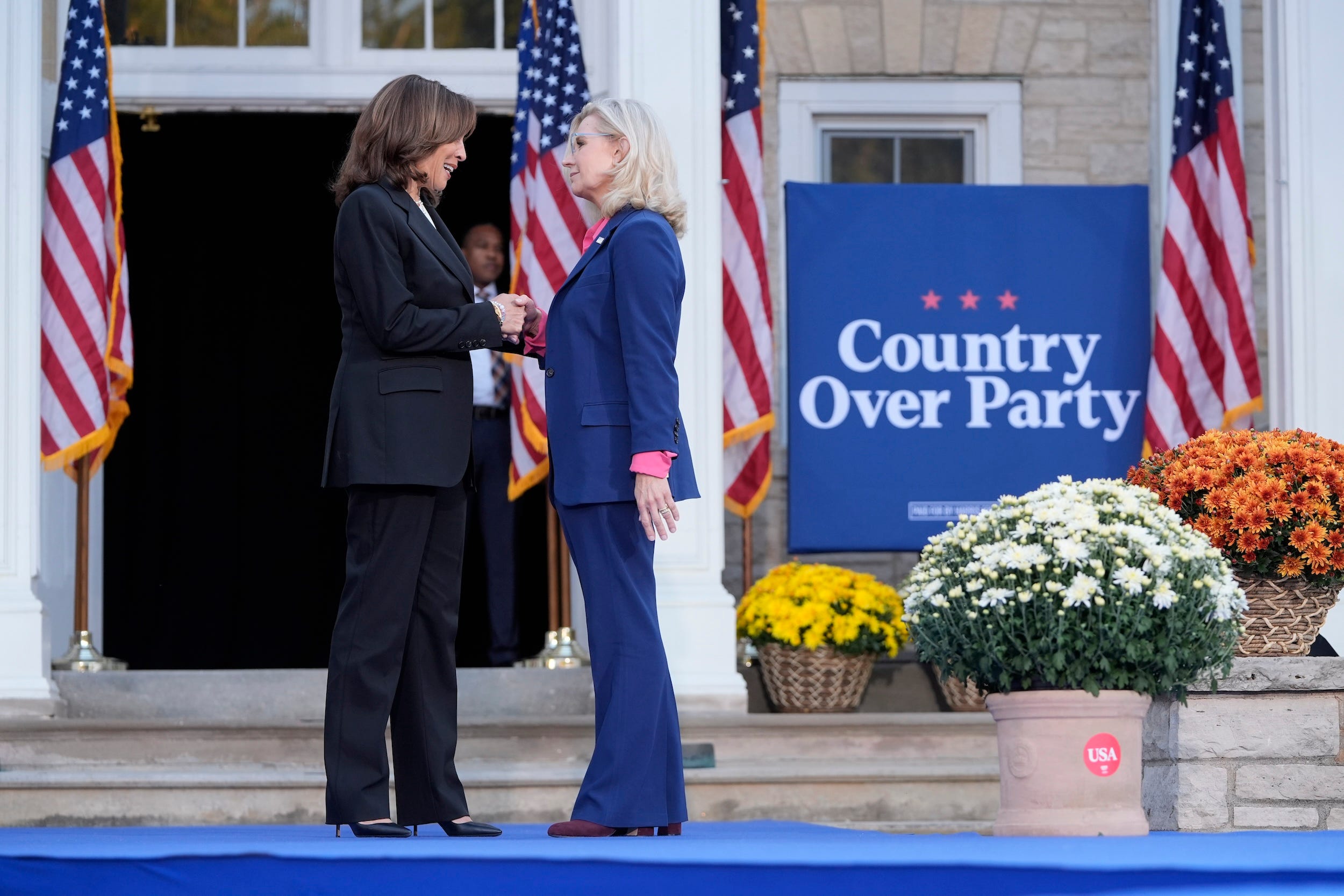 Kamala Harris shakes Liz Cheney's hand before a joint rally in Wisconsin