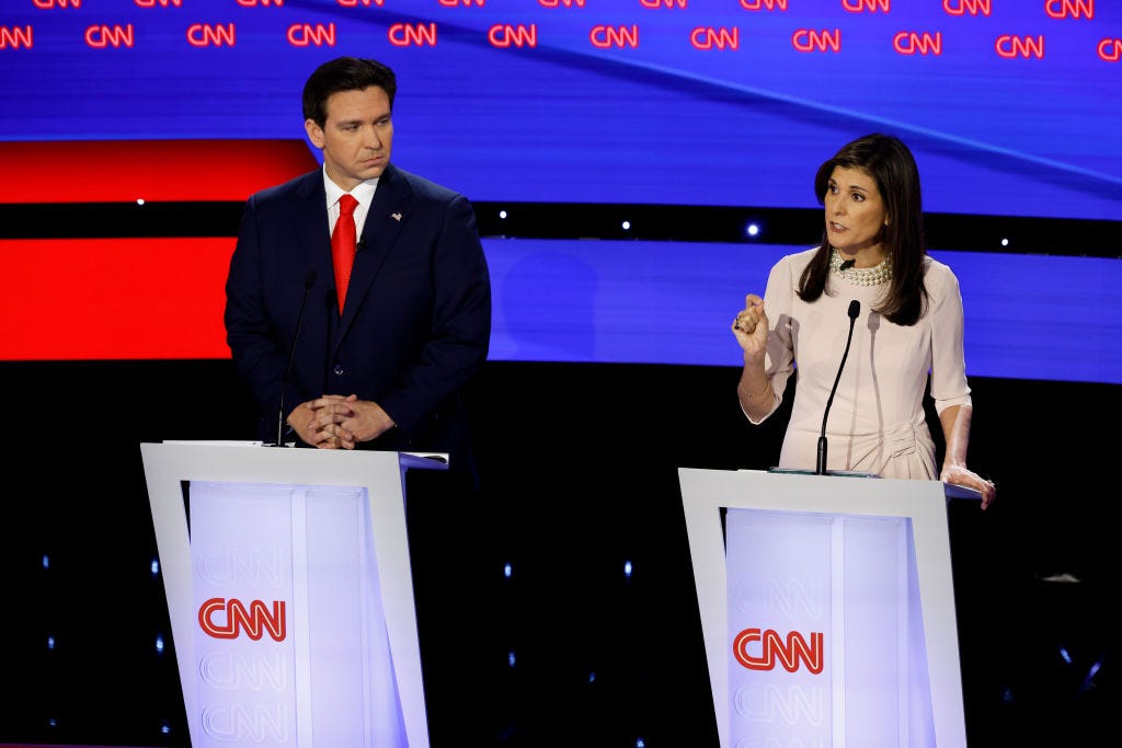 Ron DeSantis and Nikki Haley at a Republican primary debate in 2024.