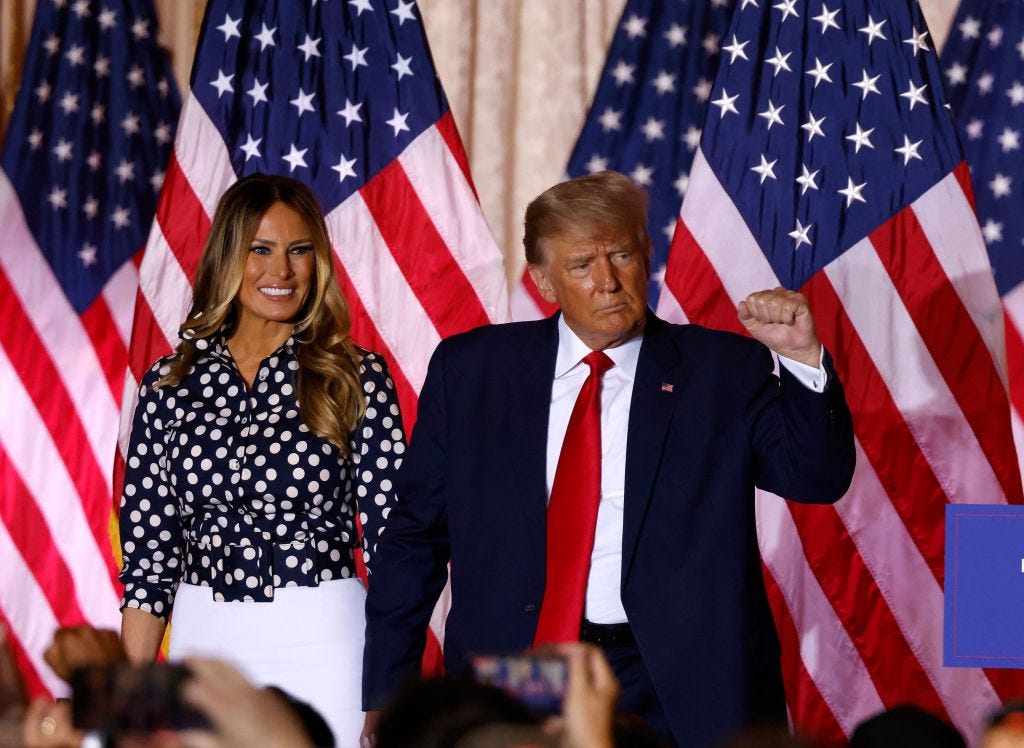 Donald Trump and Melania Trump at Donald Trump's 2024 campaign launch event at Mar-a-Lago.