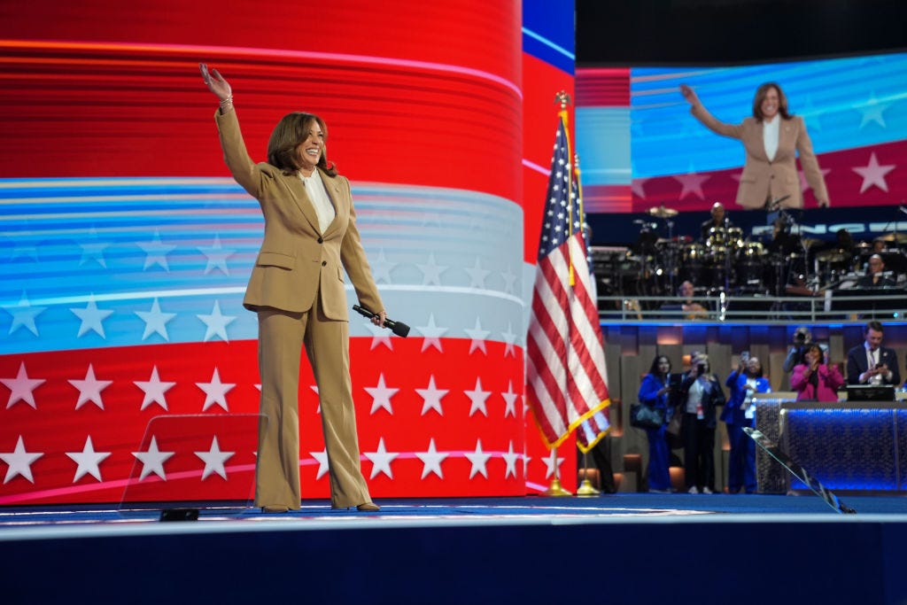 Kamala Harris wears a tan suit at the DNC.