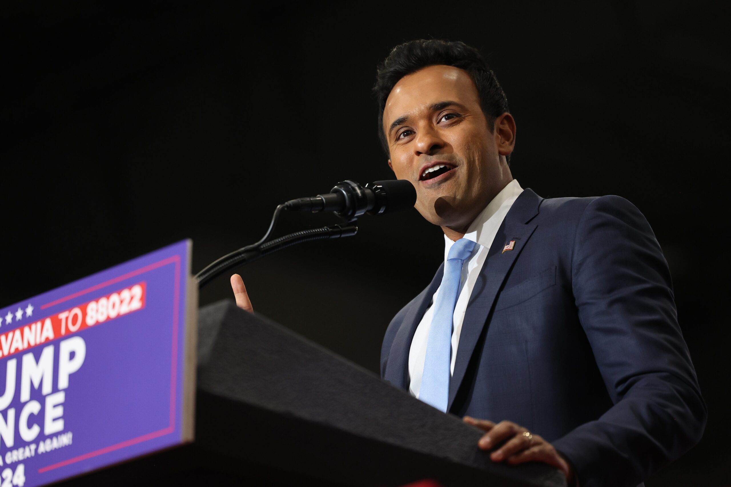 Vivek Ramaswamy speaks at a podium