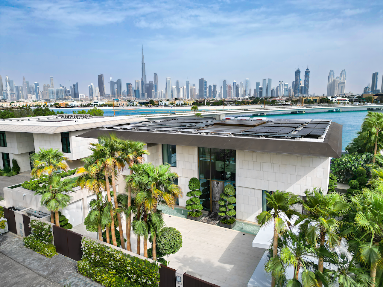 A villa in Dubai looking out onto the Dubai skyline.