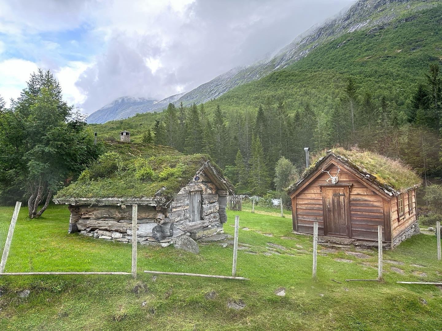 Wood and stone houses with moss on them in front of tree-covered mountains in Norway