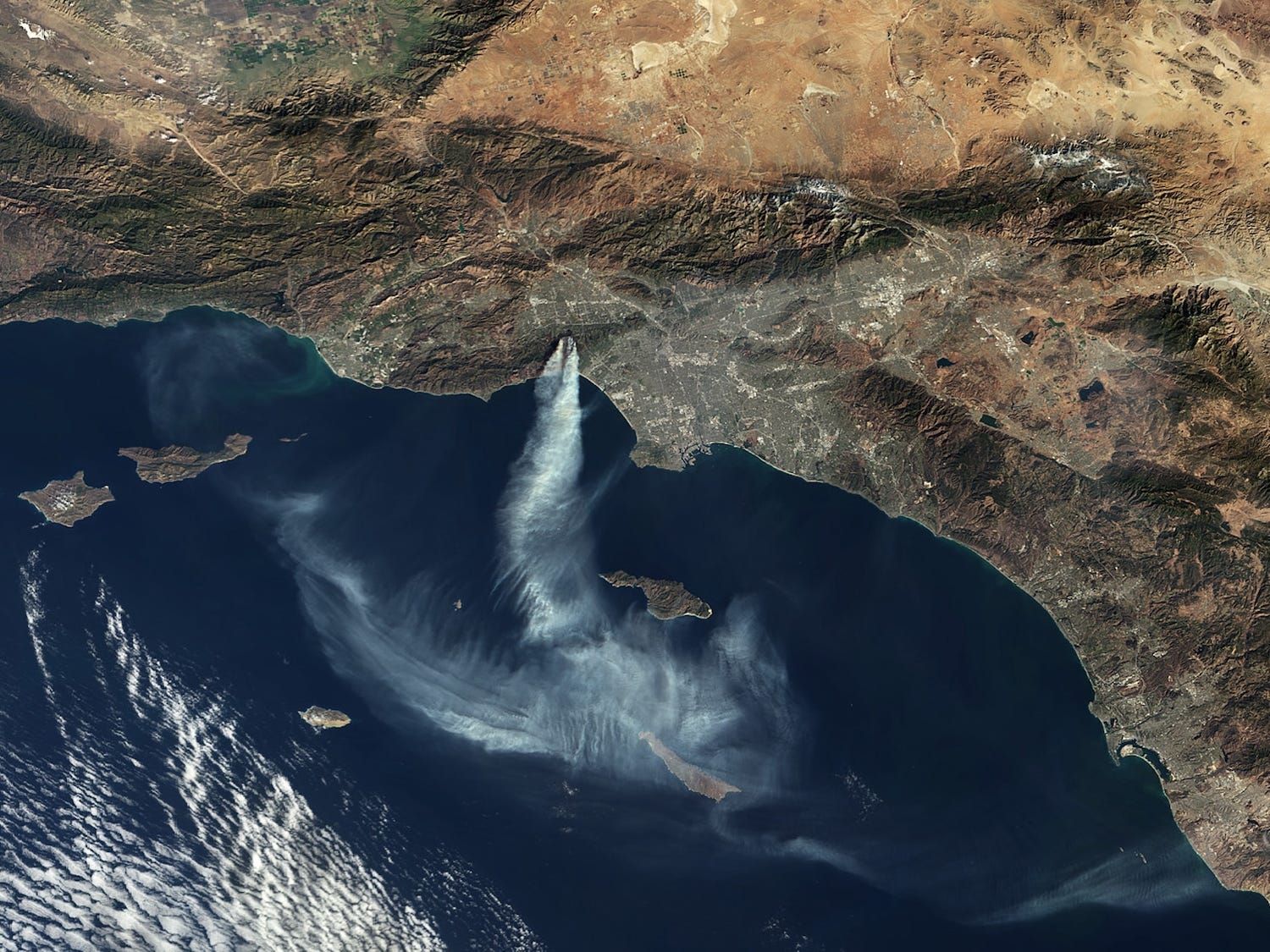 A satellite view of the Palisades and Eaton wildfires in Los Angeles.