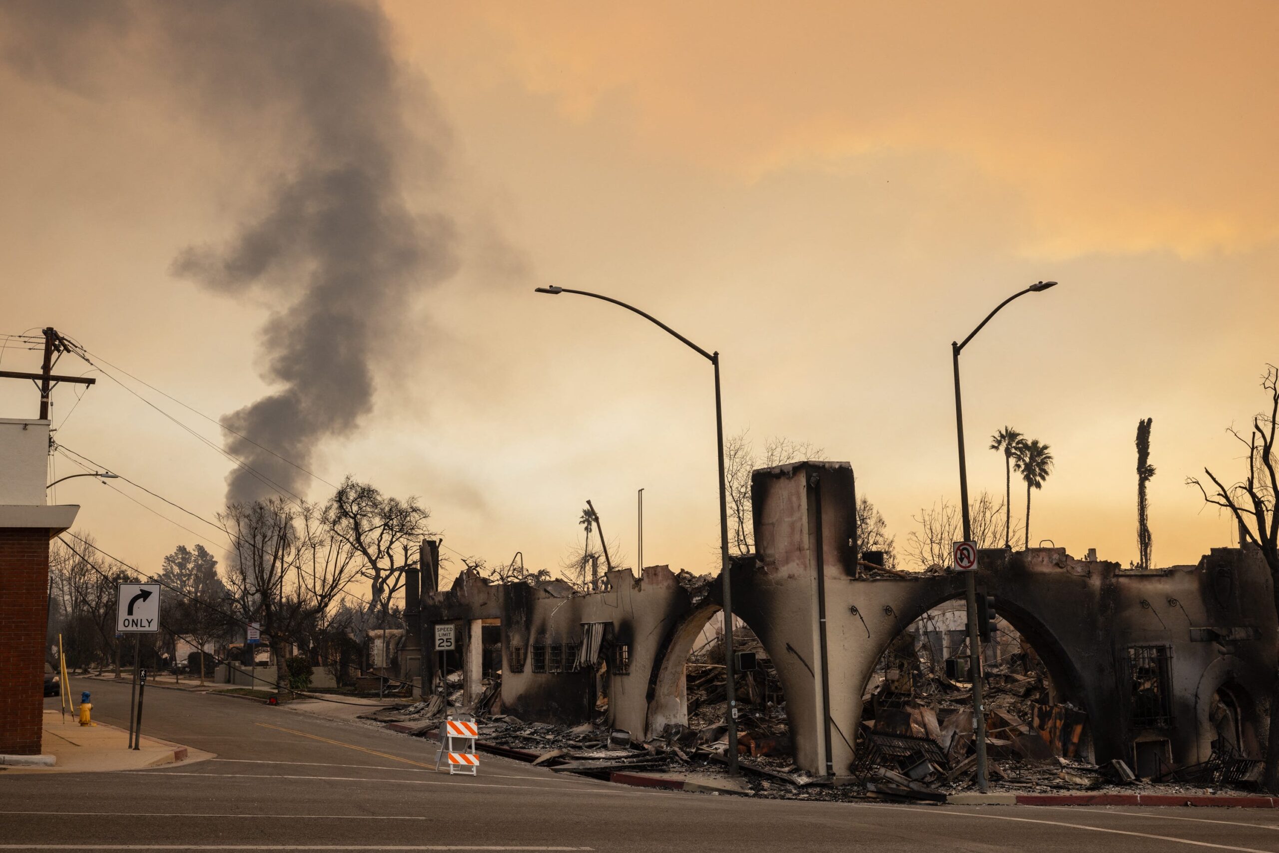 Businesses along Lake Avenue destroyed by the Eaton Fire in Altadena, California, on January 9, 2025