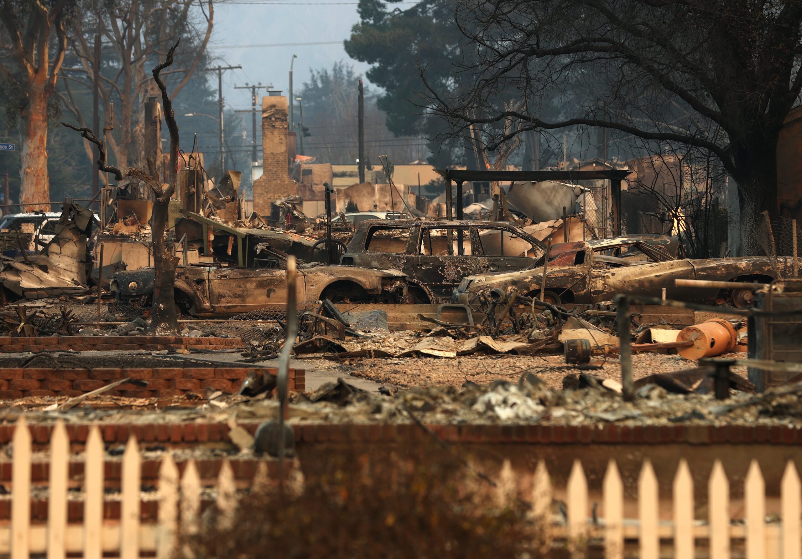 A view of homes destroyed by the Eaton Fire on January 09, 2025 in Altadena, California