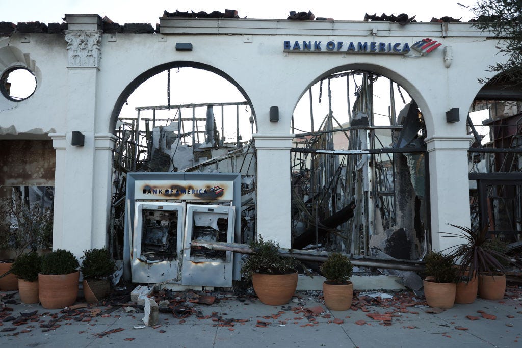 The Bank of America on Sunset Boulevard in the aftermath of the Palisades fire in Pacific Palisades, California.