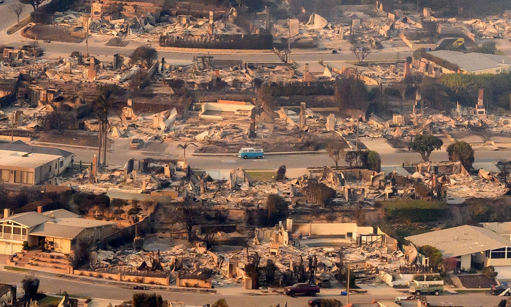 Burned homes are seen from above during the Palisades fire near the Pacific Palisades neighborhood of Los Angeles