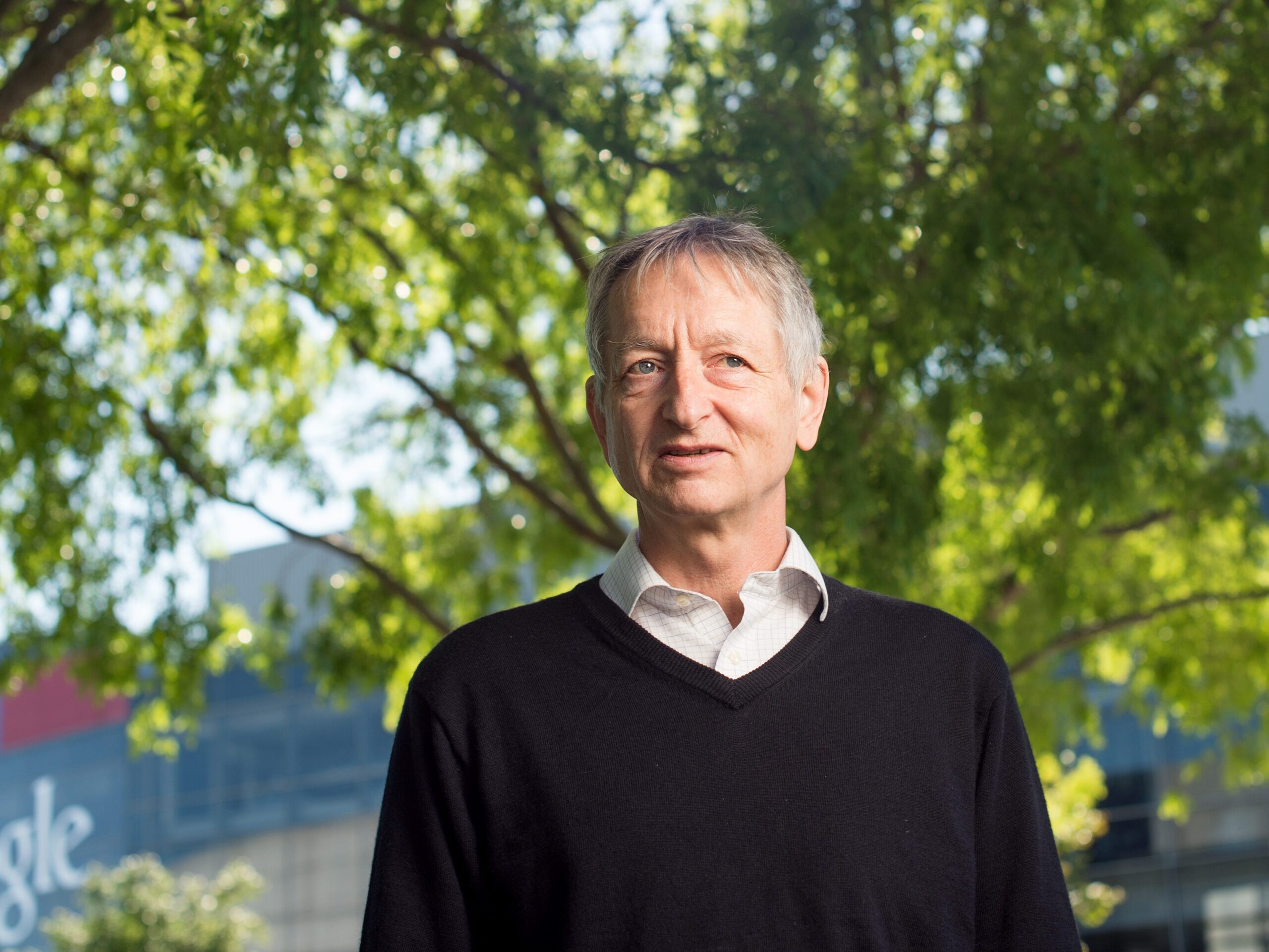 Computer scientist Geoffrey Hinton stood outside a Google building