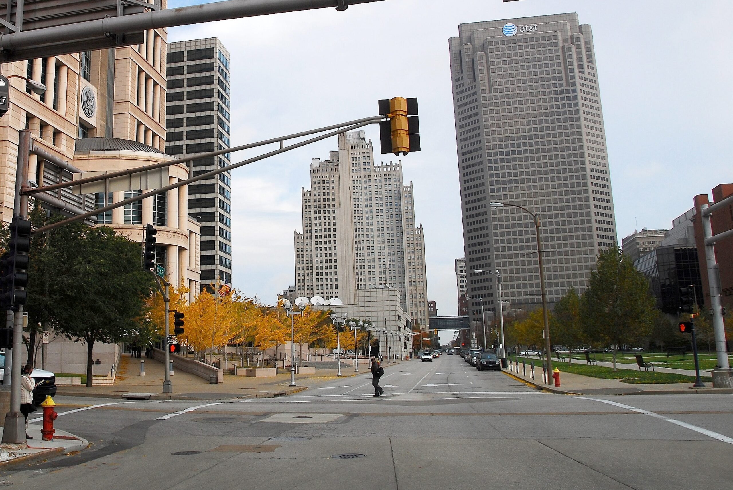 A street in St. Louis with buildings lining either side, including one with an AT&T sign