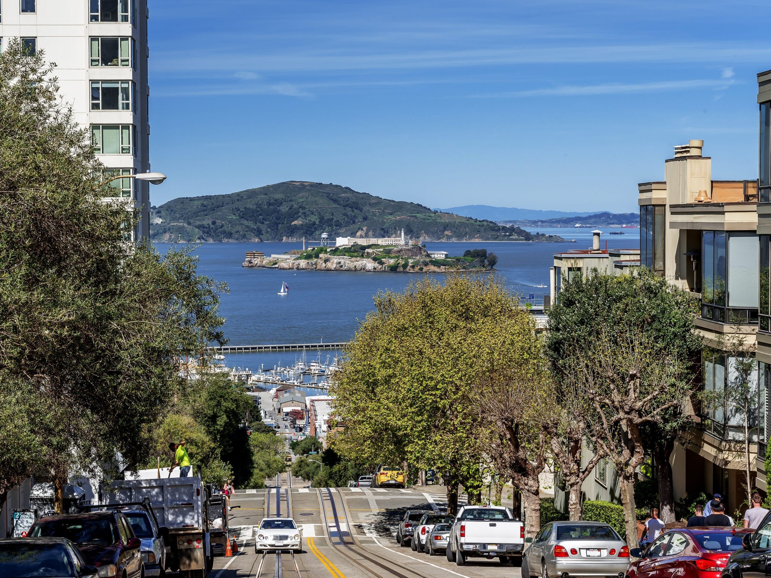 Alcatraz Island photographed from the residential area of Russian Hill and Nob Hill, in the North Beach area of San Francisco, California.