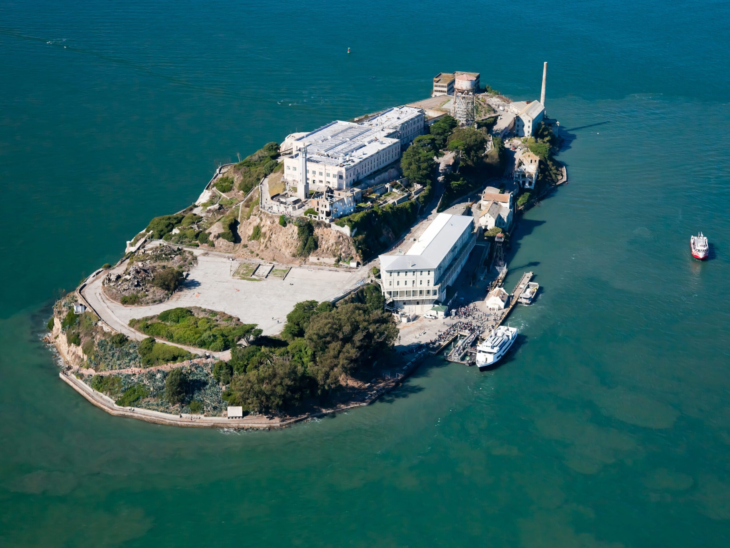 Aerial view of Alcatraz jail in San Francisco bay.