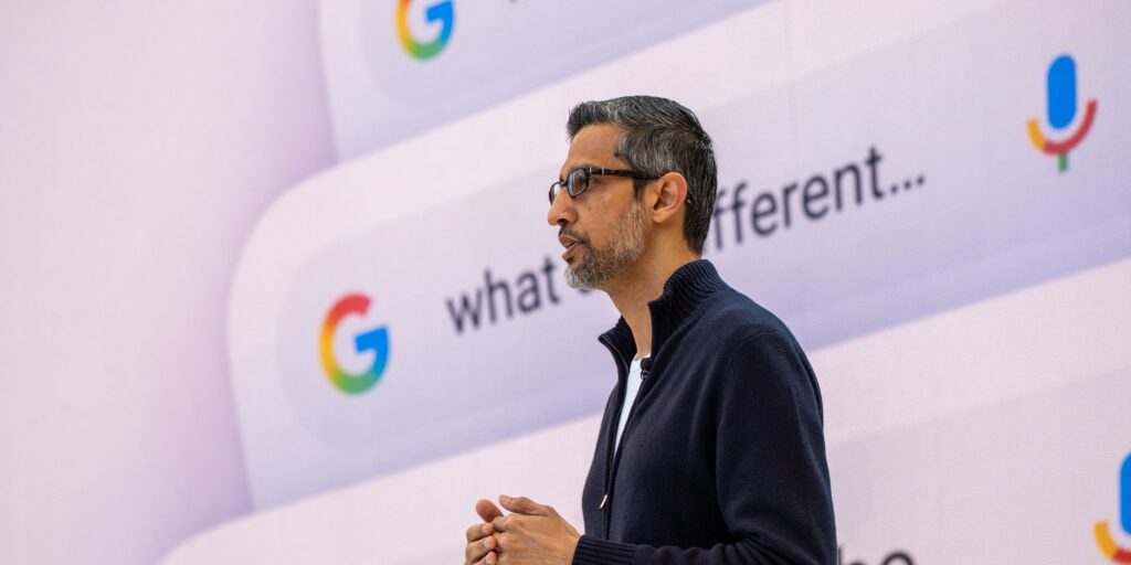 Google CEO Sundar Pichai addresses the crowd during Google's annual I/O developers conference