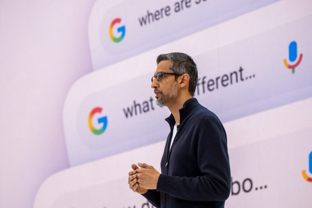 Google CEO Sundar Pichai addresses the crowd during Google's annual I/O developers conference