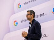Google CEO Sundar Pichai addresses the crowd during Google's annual I/O developers conference